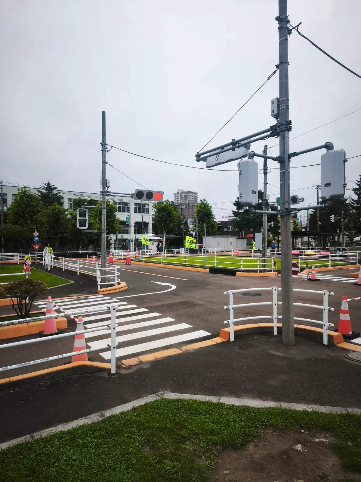 信号機や横断歩道が設置された園内の交差点。奥に緑地とコースが広がる