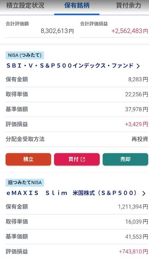 保有銘柄：SBI・V・S&P500（+3,429円）、旧つみたてNISA eMAXIS Slim S&P500（+743,810円）